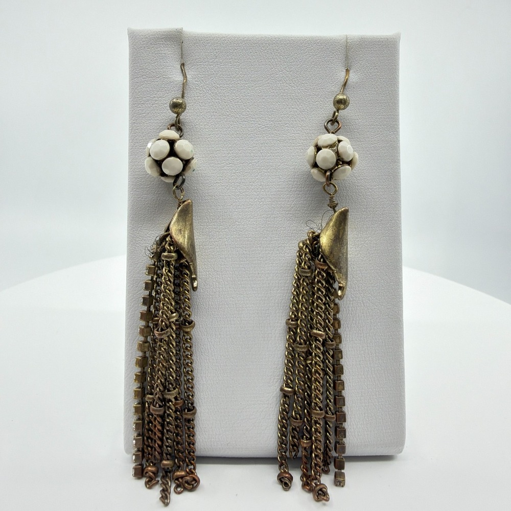 Boho Statement Tassel Chain Dangle Earrings with White Bead Accent